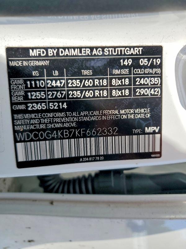 2019 Mercedes-benz Glc მანქანა იყიდება აუქციონზე, vin: WDC0G4KB7KF662332, აუქციონის ნომერი: 57247566