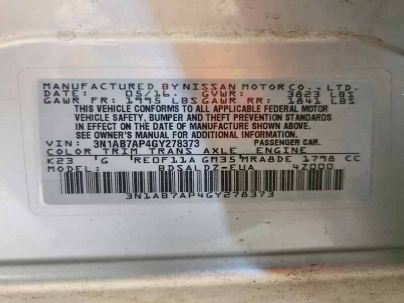 2016 Nissan Sentra მანქანა იყიდება აუქციონზე, vin: 3N1AB7AP4GY278373, აუქციონის ნომერი: 58989386