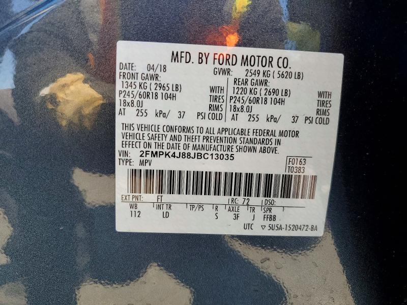 58601686 :رقم المزاد ، 2FMPK4J88JBC13035 vin ، 2018 Ford Edge مزاد بيع