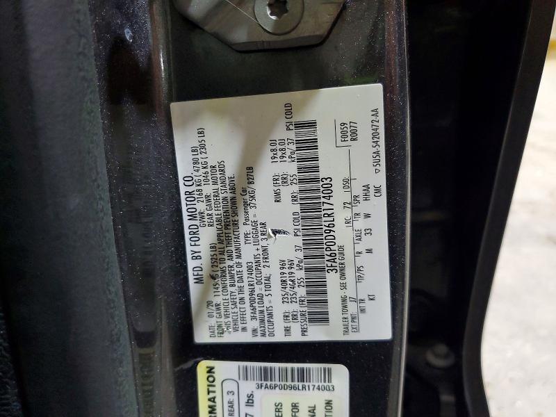 2020 Ford Fusion მანქანა იყიდება აუქციონზე, vin: 3FA6P0D96LR174003, აუქციონის ნომერი: 57340596