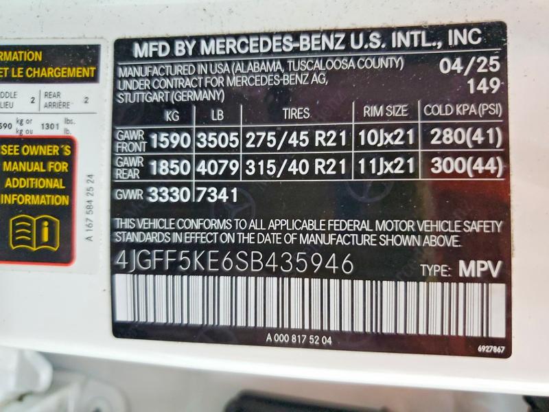 2025 Mercedes-benz Gls მანქანა იყიდება აუქციონზე, vin: 4JGFF5KE6SB435946, აუქციონის ნომერი: 57306096