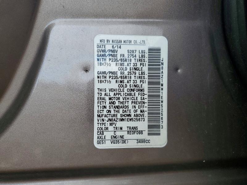 2014 Nissan Murano მანქანა იყიდება აუქციონზე, vin: JN8AZ1MW1EW525673, აუქციონის ნომერი: 57650016