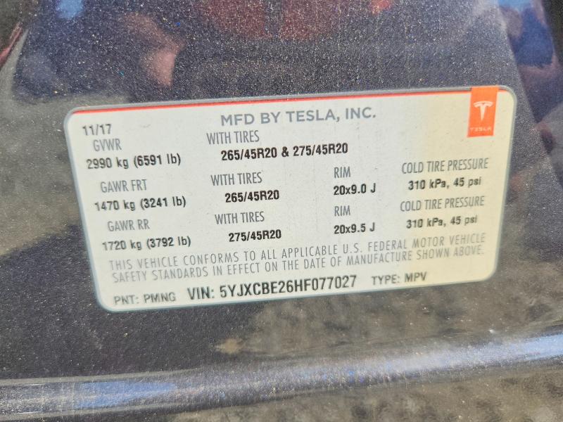 2017 Tesla Model X მანქანა იყიდება აუქციონზე, vin: 5YJXCBE26HF077027, აუქციონის ნომერი: 57195506
