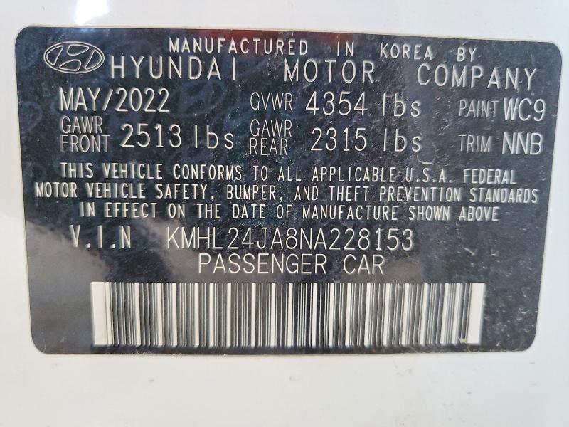 56138626 :رقم المزاد ، KMHL24JA8NA228153 vin ، 2022 Hyundai Sonata مزاد بيع