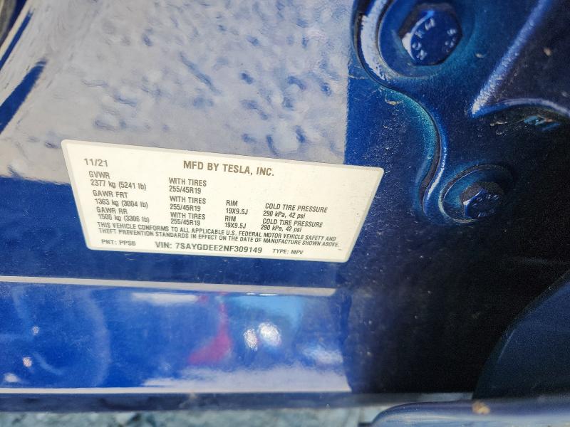 2022 Tesla Model Y მანქანა იყიდება აუქციონზე, vin: 7SAYGDEE2NF309149, აუქციონის ნომერი: 56030386