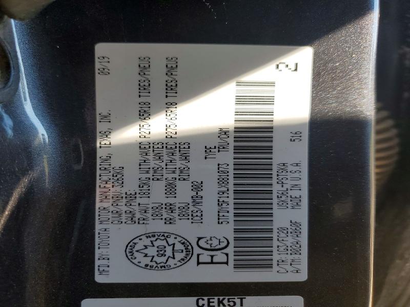 58142936 :رقم المزاد ، 5TFDY5F19LX881073 vin ، 2020 Toyota Tundra مزاد بيع