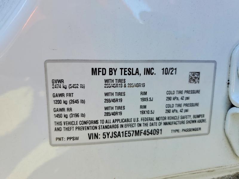 Aukcja sprzedaży 2021 Tesla Model S, vin: 5YJSA1E57MF454091, numer aukcji: 56938786