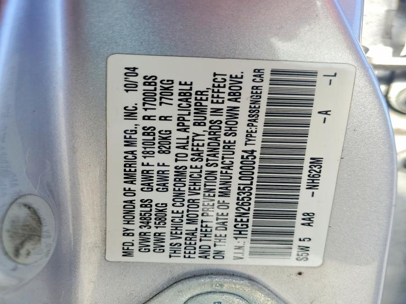 57553806 :رقم المزاد ، 1HGEN26535L000054 vin ، 2005 Honda Civic مزاد بيع