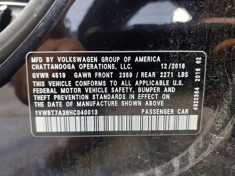57163306 :رقم المزاد ، 1VWBT7A38HC040013 vin ، 2017 Volkswagen Passat مزاد بيع