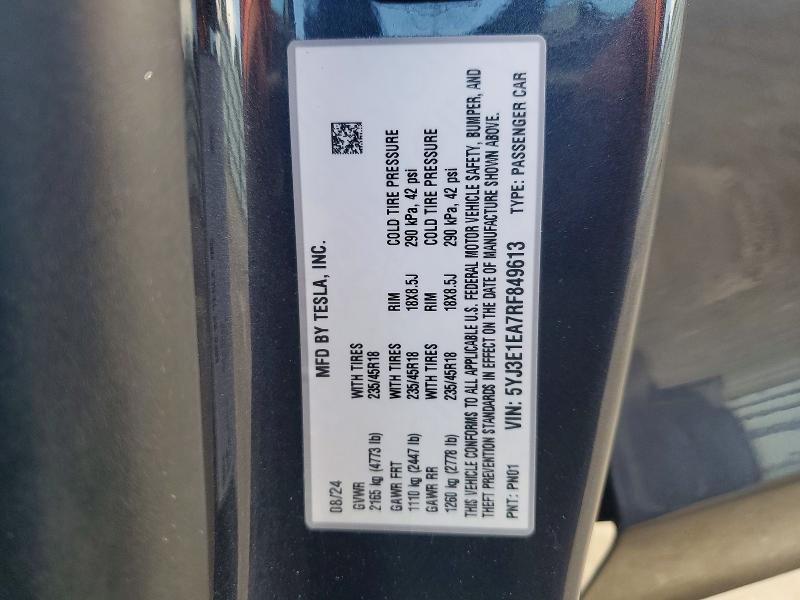 58479146 :رقم المزاد ، 5YJ3E1EA7RF849613 vin ، 2024 Tesla Model 3 مزاد بيع