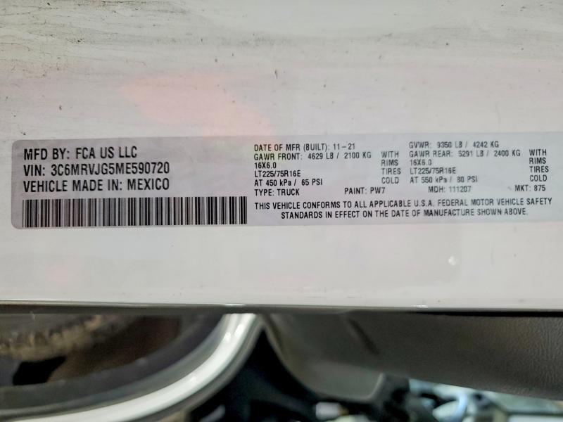 2021 Ram Promaster 3500 მანქანა იყიდება აუქციონზე, vin: 3C6MRVJG5ME590720, აუქციონის ნომერი: 55000886