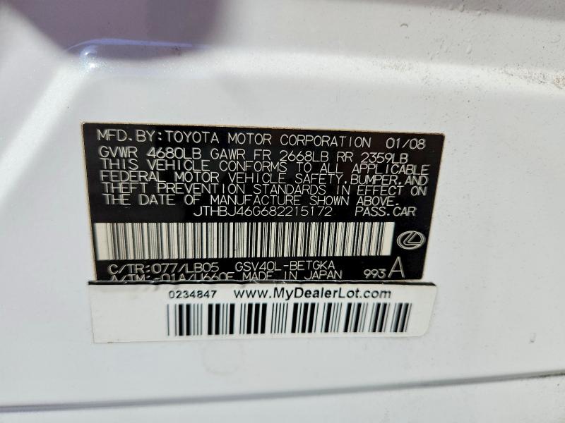 Aukcja sprzedaży 2008 Lexus Es, vin: JTHBJ46G682215172, numer aukcji: 57444116