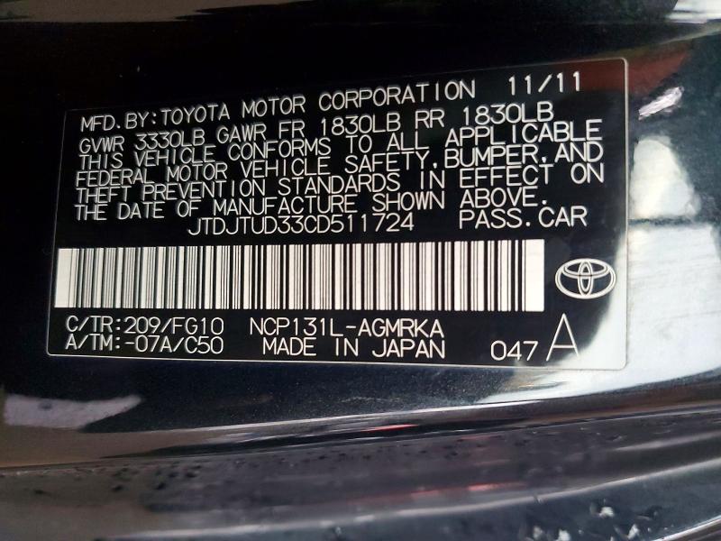 Продаж на аукціоні авто 2012 Toyota Yaris, vin: JTDJTUD33CD511724, номер лоту: 56049226