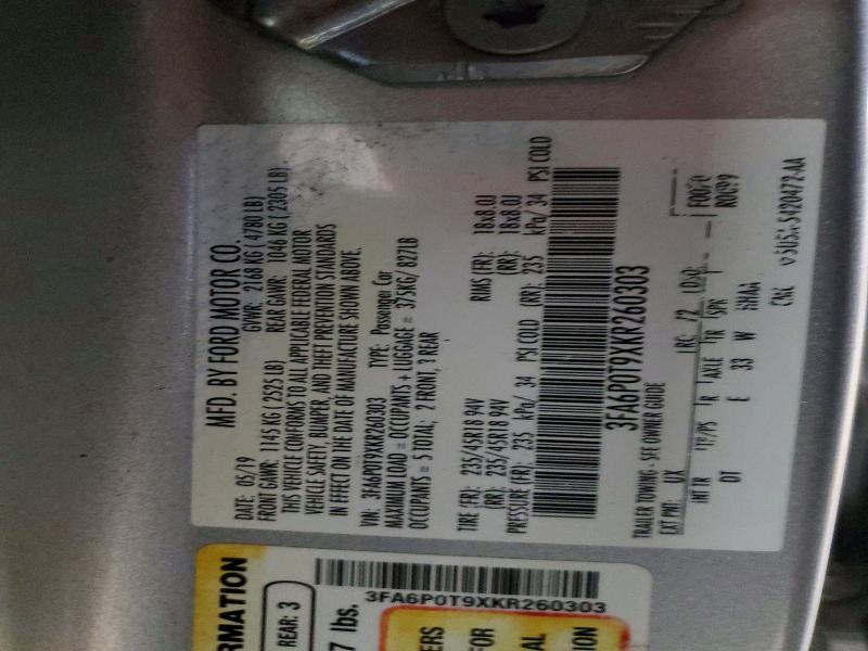Auction sale of the 2019 Ford Fusion, vin: 3FA6P0T9XKR260303, lot number: 56803896