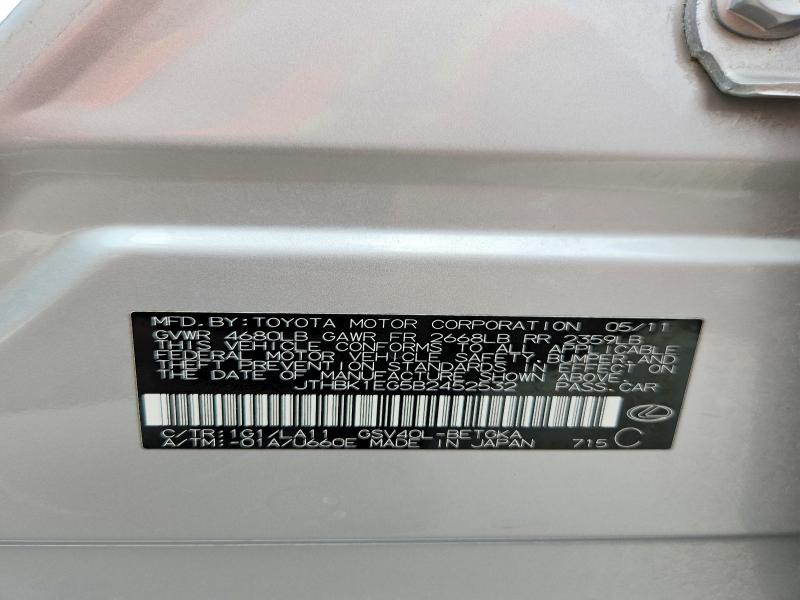 2011 Lexus Es მანქანა იყიდება აუქციონზე, vin: JTHBK1EG5B2452532, აუქციონის ნომერი: 57927766