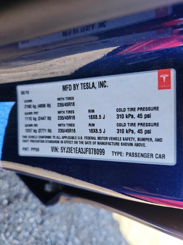 Aukcja sprzedaży 2018 Tesla Model 3, vin: 5YJ3E1EA3JF078099, numer aukcji: 56781056