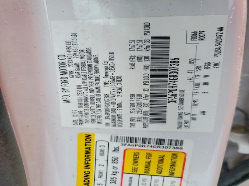 2016 Ford Fusion მანქანა იყიდება აუქციონზე, vin: 3FA6P0H74GR307386, აუქციონის ნომერი: 56103936