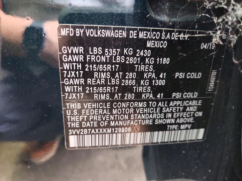 2019 Volkswagen Tiguan მანქანა იყიდება აუქციონზე, vin: 3VV2B7AXXKM129906, აუქციონის ნომერი: 56617036