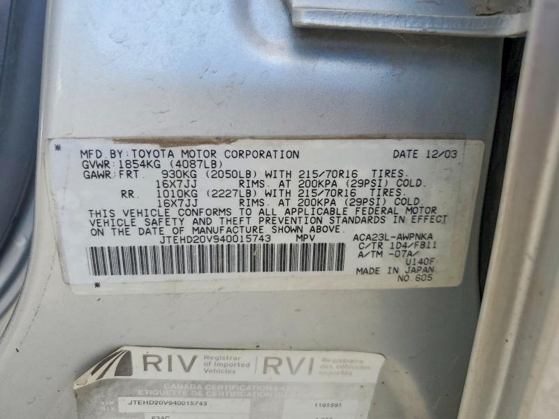 Продажа на аукционе авто 2004 Toyota Rav4, vin: JTEHD20V940015743, номер лота: 57691706
