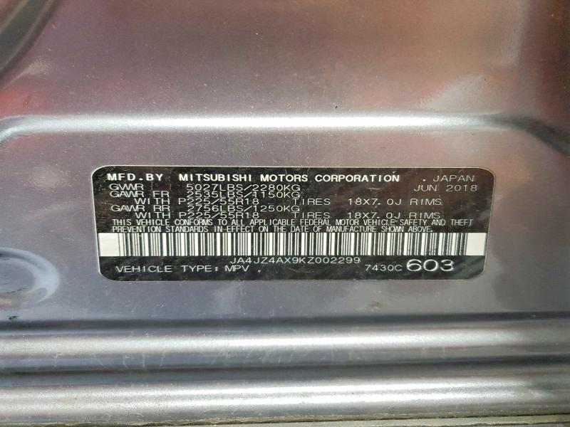 2019 Mitsubishi Outlander მანქანა იყიდება აუქციონზე, vin: JA4JZ4AX9KZ002299, აუქციონის ნომერი: 58944856