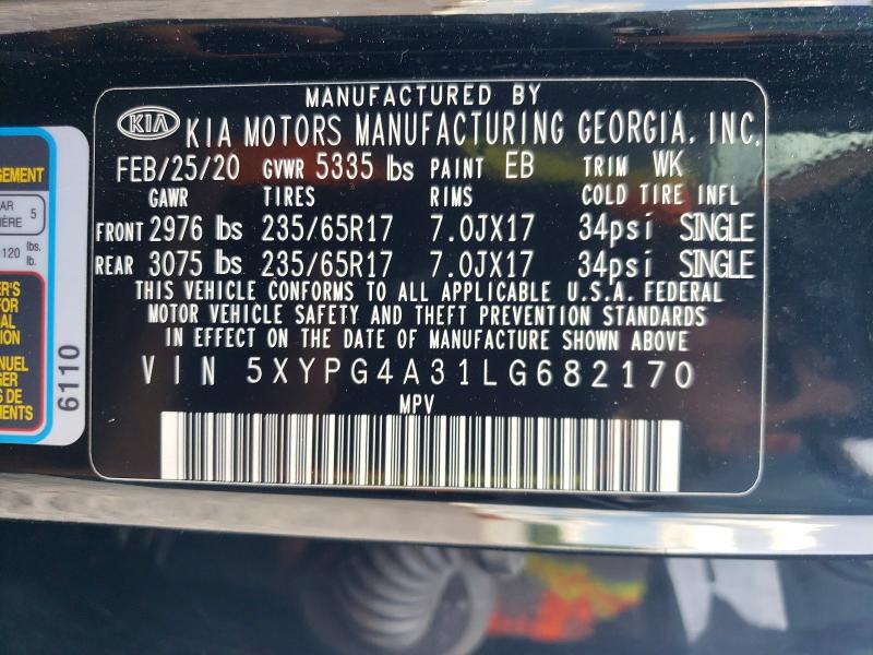 Продаж на аукціоні авто 2020 Kia Sorento, vin: 5XYPG4A31LG682170, номер лоту: 57026086