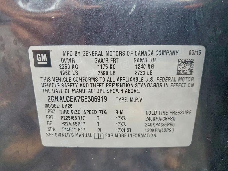 Aukcja sprzedaży 2016 Chevrolet Equinox, vin: 2GNALCEK7G6306919, numer aukcji: 58047586