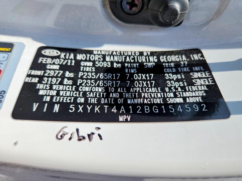 2011 Kia Sorento მანქანა იყიდება აუქციონზე, vin: 5XYKT4A12BG154592, აუქციონის ნომერი: 85977305