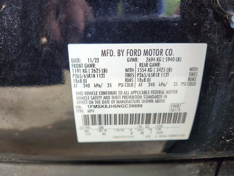 58407866 :رقم المزاد ، 1FMSK8JH6NGC39696 vin ، 2022 Ford Explorer مزاد بيع