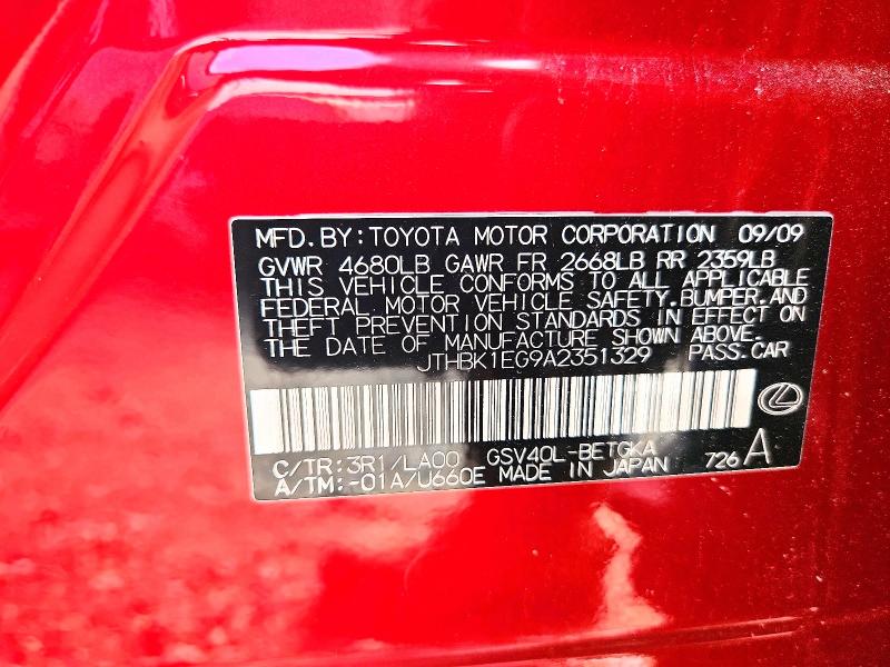 57443116 :رقم المزاد ، JTHBK1EG9A2351329 vin ، 2010 Lexus Es مزاد بيع