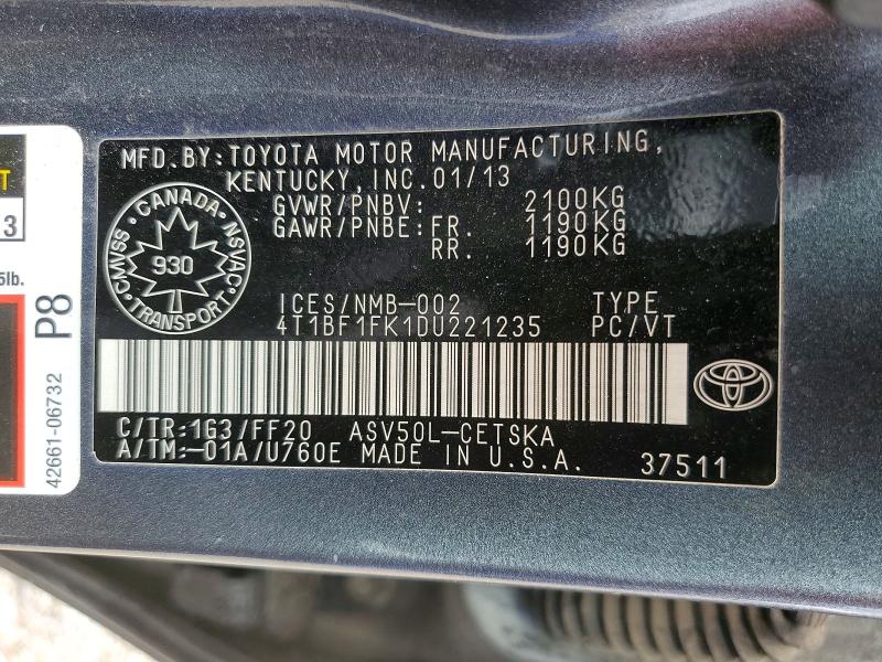 Продажа на аукционе авто 2013 Toyota Camry, vin: 4T1BF1FK1DU221235, номер лота: 57820136