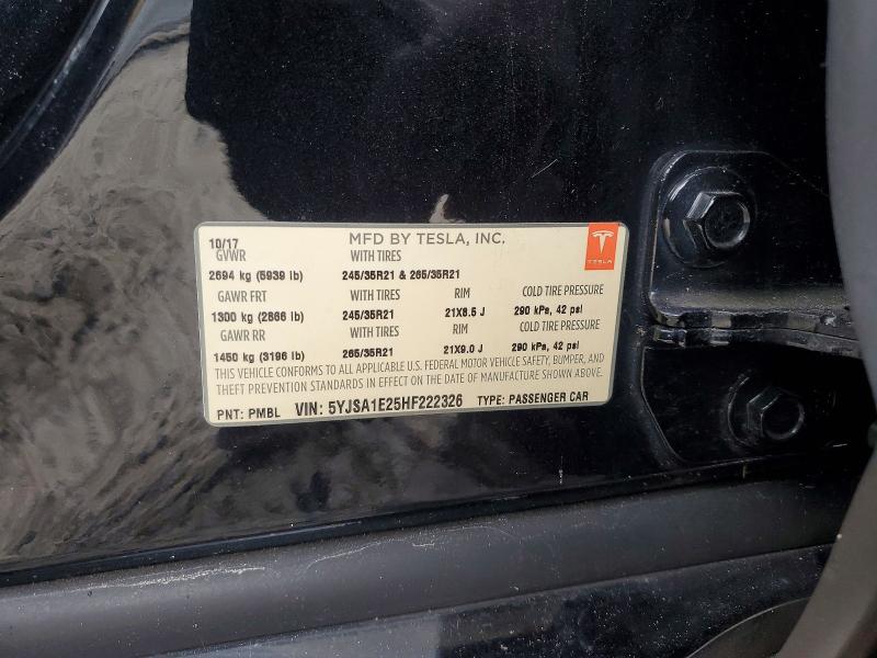 55637906 :رقم المزاد ، 5YJSA1E25HF222326 vin ، 2017 Tesla Model S مزاد بيع