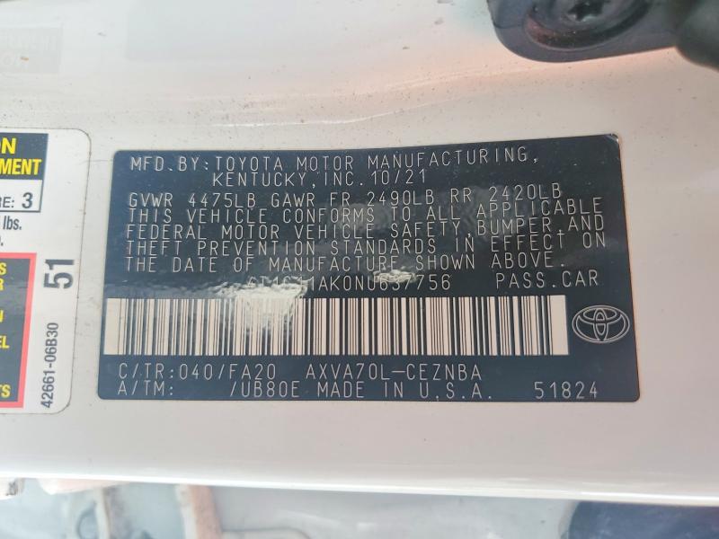 Продаж на аукціоні авто 2022 Toyota Camry, vin: 4T1C11AK0NU637756, номер лоту: 58181826