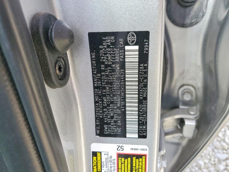 58844166 :رقم المزاد ، 4T1B11HK5KU844639 vin ، 2019 Toyota Camry مزاد بيع