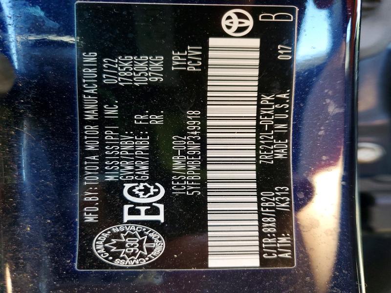 57937556 :رقم المزاد ، 5YFBPMBE9NP349918 vin ، 2022 Toyota Corolla مزاد بيع
