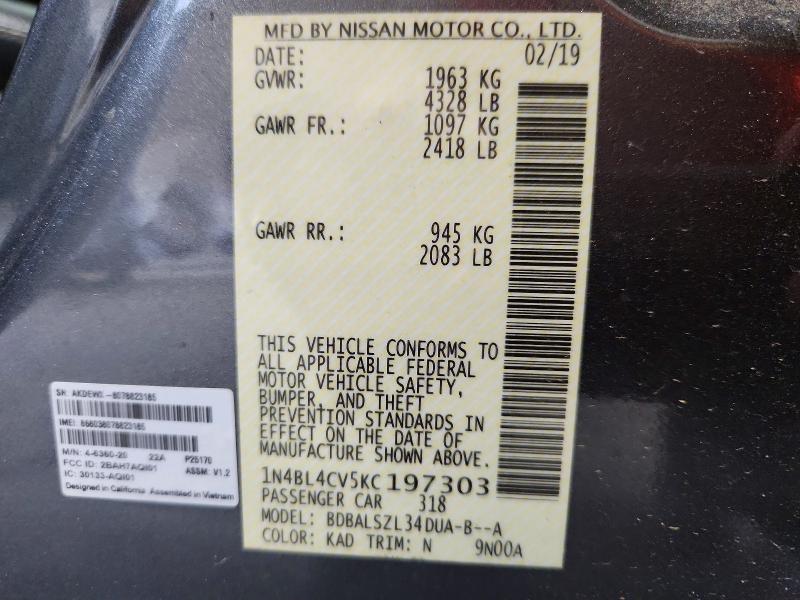 Продажа на аукционе авто 2019 Nissan Altima, vin: 1N4BL4CV5KC197303, номер лота: 58309236
