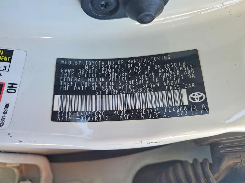 2017 Toyota Corolla მანქანა იყიდება აუქციონზე, vin: 5YFBURHE4HP638206, აუქციონის ნომერი: 58598386