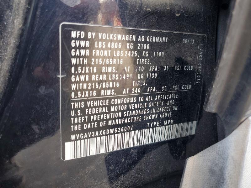 56811226 :رقم المزاد ، WVGAV3AX6DW626007 vin ، 2013 Volkswagen Tiguan مزاد بيع