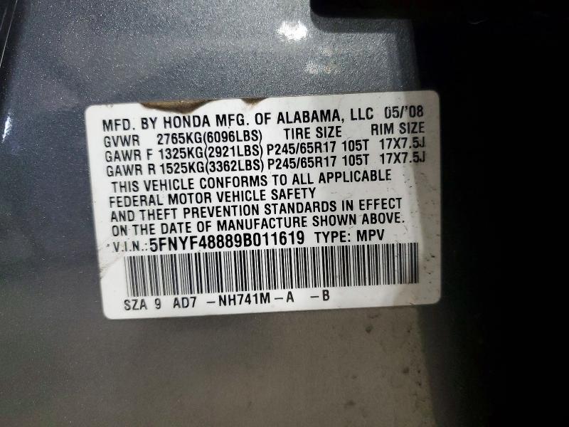 Aukcja sprzedaży 2009 Honda Pilot, vin: 5FNYF48889B011619, numer aukcji: 58772786