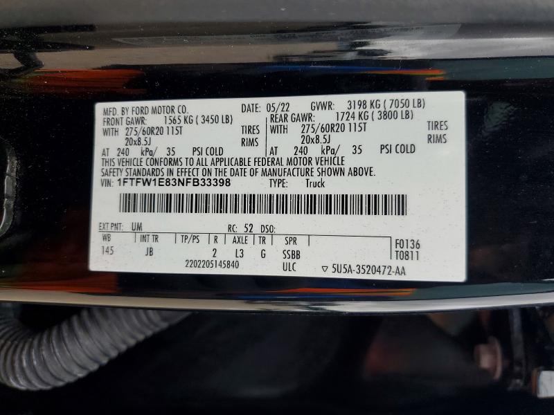 Aukcja sprzedaży 2022 Ford F150, vin: 1FTFW1E83NFB33398, numer aukcji: 57432316