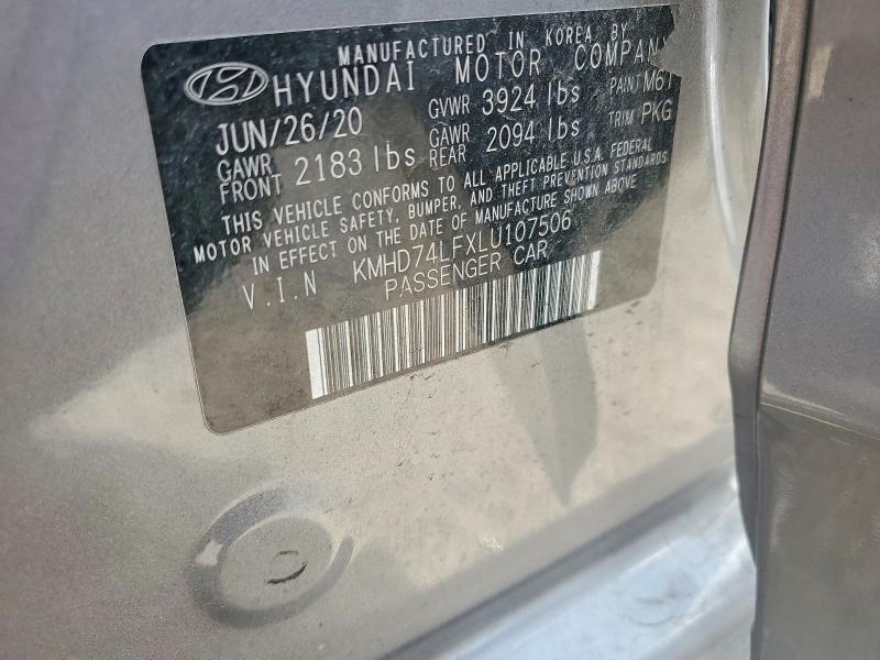 2020 Hyundai Elantra მანქანა იყიდება აუქციონზე, vin: KMHD74LFXLU107506, აუქციონის ნომერი: 56719676