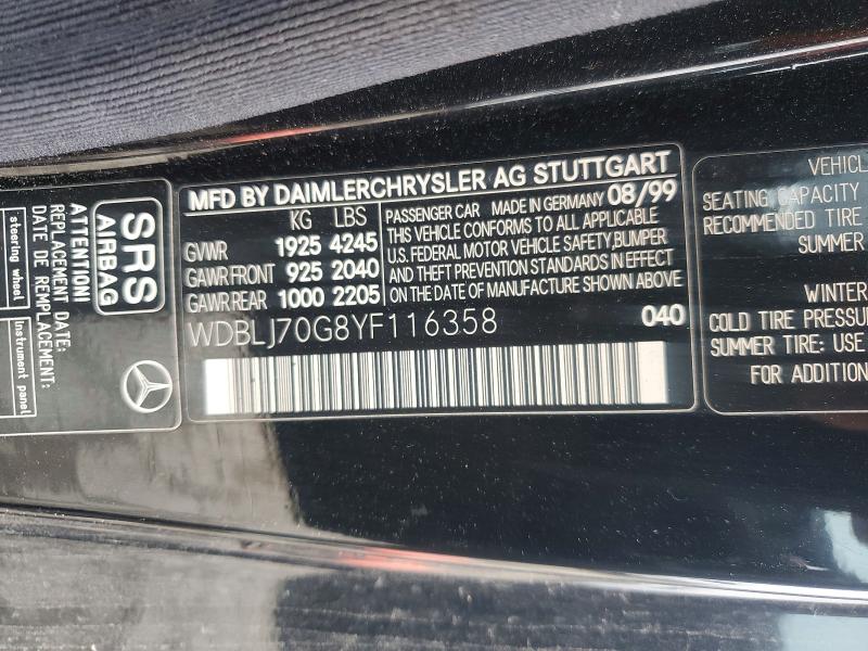 Продаж на аукціоні авто 2000 Mercedes-benz Clk, vin: WDBLJ70G8YF116358, номер лоту: 58107646