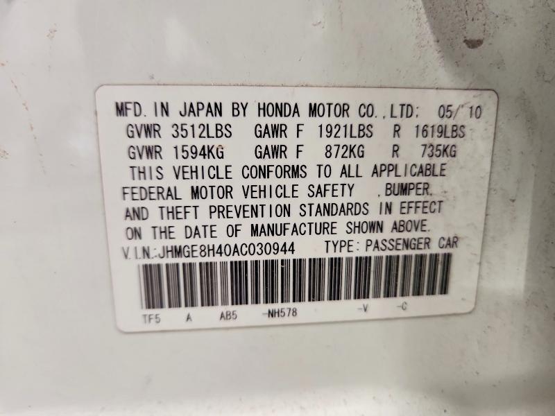 57705546 :رقم المزاد ، JHMGE8H40AC030944 vin ، 2010 Honda Fit مزاد بيع
