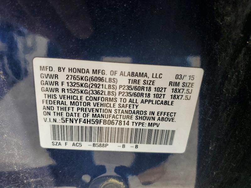55799036 :رقم المزاد ، 5FNYF4H59FB067814 vin ، 2015 Honda Pilot مزاد بيع