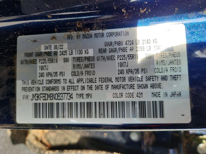 58103066 :رقم المزاد ، JM3KFBDM8N0637734 vin ، 2022 Mazda Cx-5 مزاد بيع