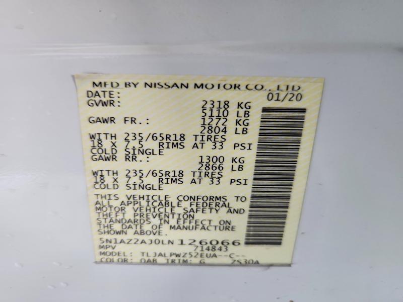 2020 Nissan Murano მანქანა იყიდება აუქციონზე, vin: 5N1AZ2AJ0LN126066, აუქციონის ნომერი: 55310876