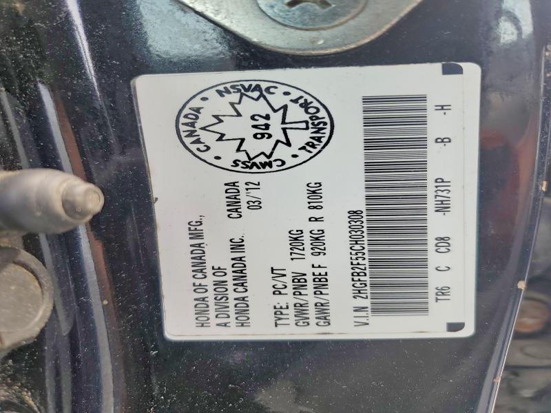 56145856 :رقم المزاد ، 2HGFB2F55CH030308 vin ، 2012 Honda Civic مزاد بيع