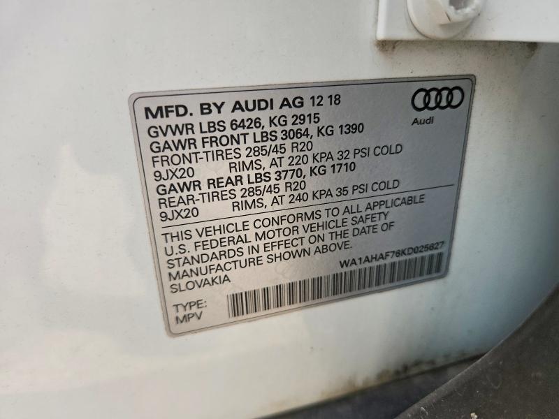 57428586 :رقم المزاد ، WA1AHAF76KD025627 vin ، 2019 Audi Q7 مزاد بيع