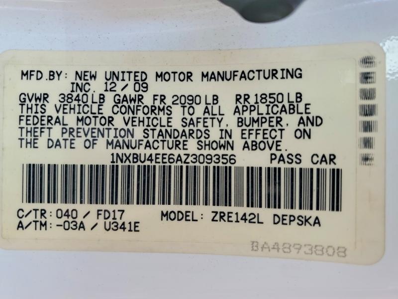 55041366 :رقم المزاد ، 1NXBU4EE6AZ309356 vin ، 2010 Toyota Corolla مزاد بيع