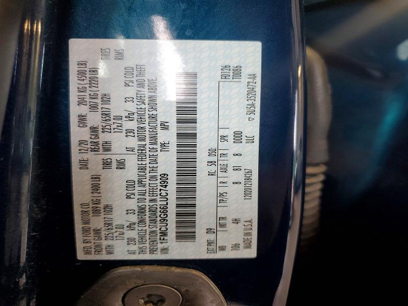 56590026 :رقم المزاد ، 1FMCU9G66LUC74909 vin ، 2020 Ford Escape مزاد بيع