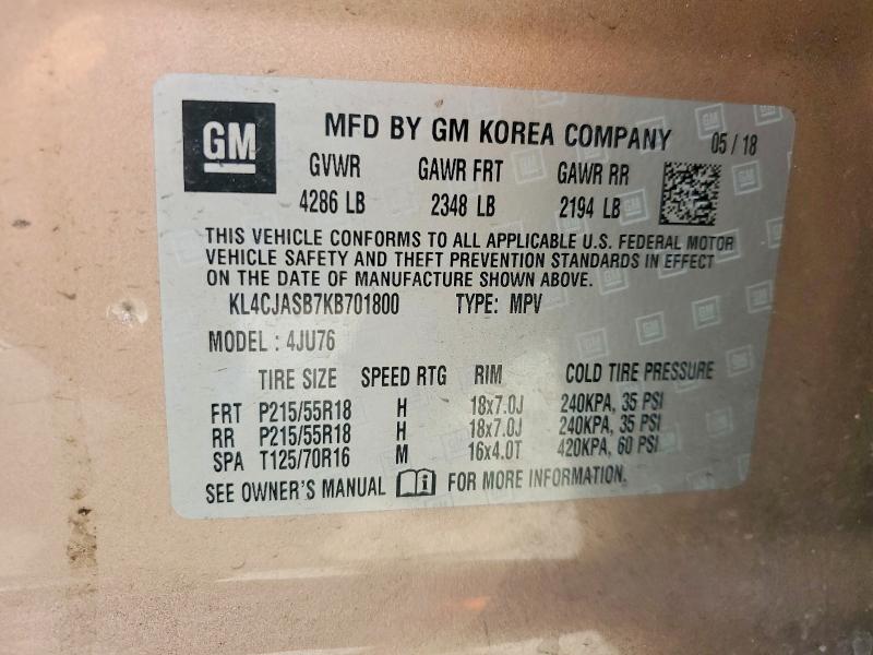 2019 Buick Encore მანქანა იყიდება აუქციონზე, vin: KL4CJASB7KB701800, აუქციონის ნომერი: 58188396